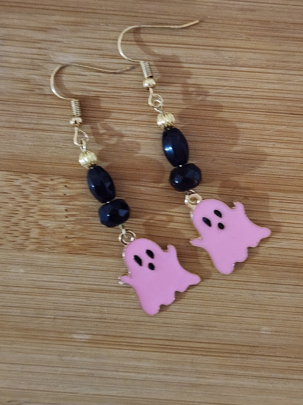 Hand Crafted Pink Ghost Dangle Earrings with Black Beads